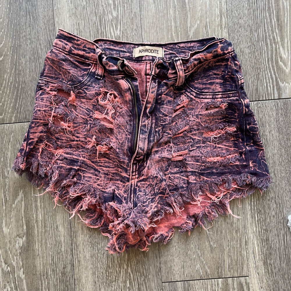 Pink blue denim acid wash high waisted shorts- medium